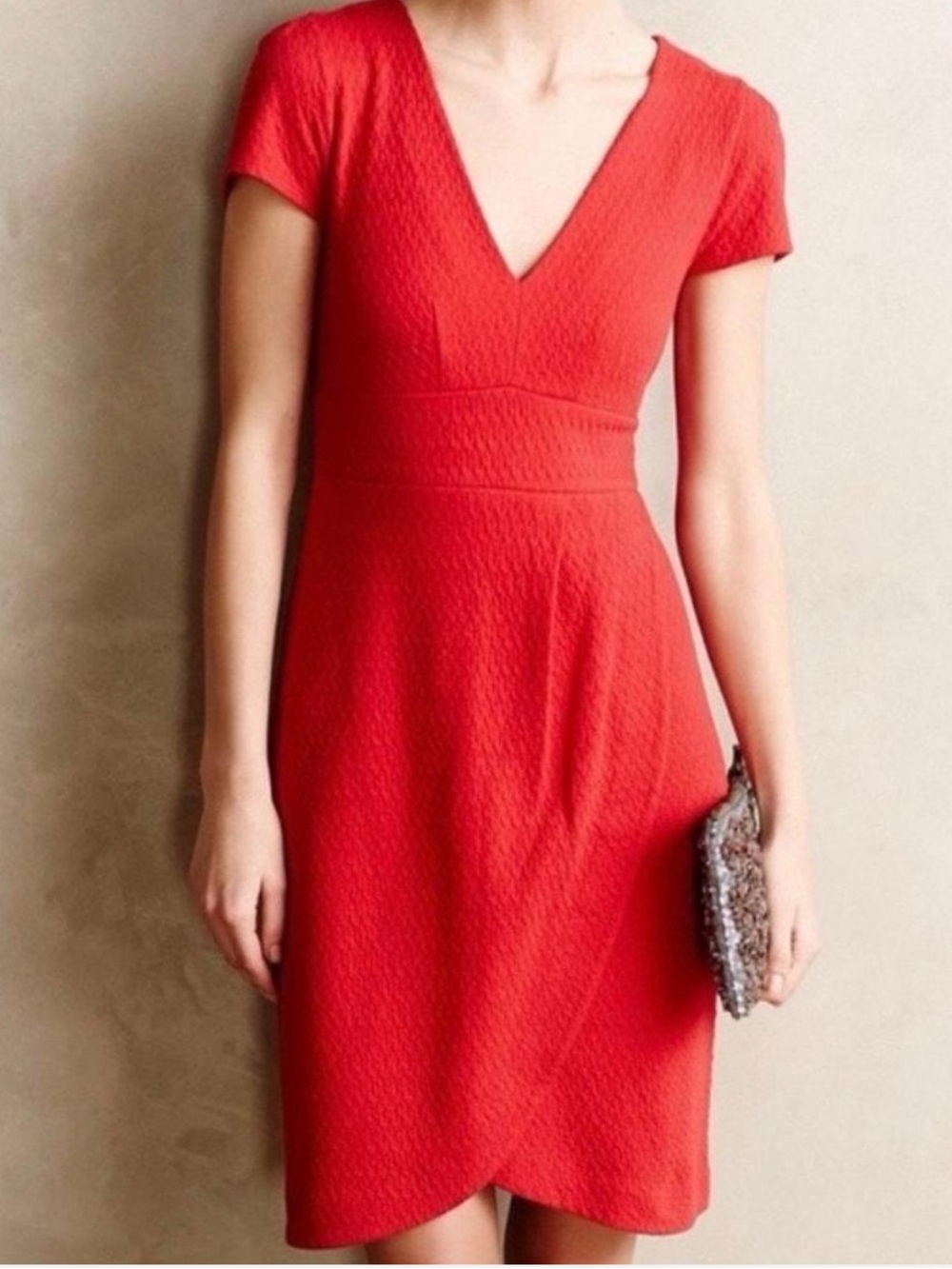Maeve Red V-Neck Textured Sheath Dress